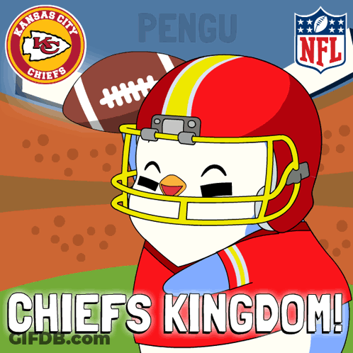 A Cartoon Of A Penguin Wearing A Kansas City Chiefs Uniform GIF