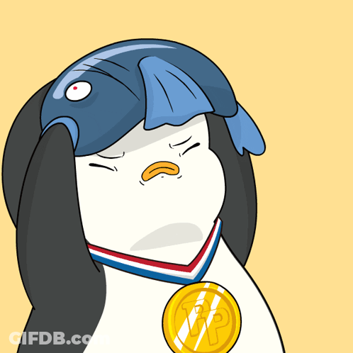 A Cartoon Of A Penguin Wearing A Medal With A Letter P On It GIF