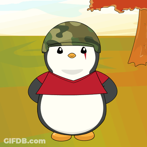 A Cartoon Of A Penguin Wearing A Military Helmet And A Red Shirt GIF