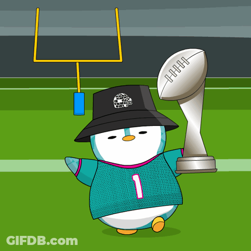 A Cartoon Of A Penguin Wearing A Number 1 Jersey Holding A Football And A Trophy GIF