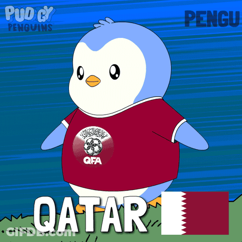 A Cartoon Of A Penguin Wearing A Qatar T-Shirt GIF