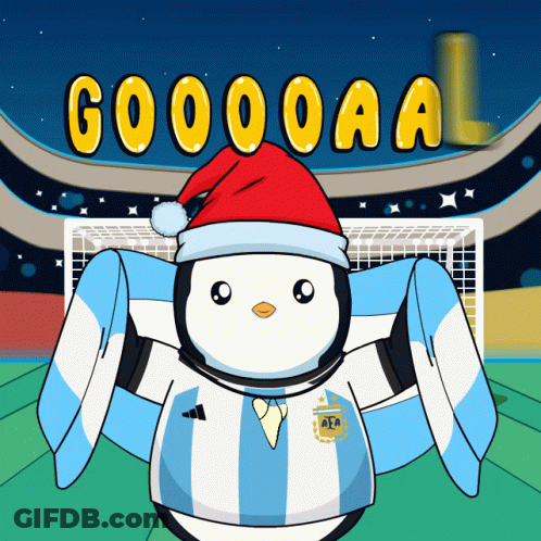 A Cartoon Of A Penguin Wearing A Santa Hat And A Shirt That Says Argentina GIF