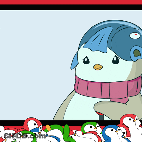 A Cartoon Of A Penguin Wearing A Scarf Surrounded By Penguins GIF
