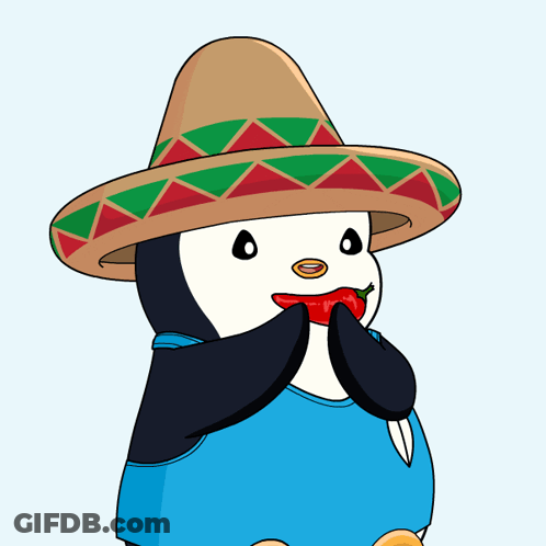 A Cartoon Of A Penguin Wearing A Sombrero And Holding A Chili Pepper GIF
