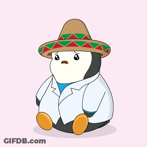 A Cartoon Of A Penguin Wearing A Sombrero And Holding A Heart GIF