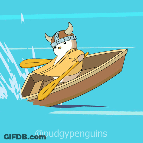 A Cartoon Of A Penguin Wearing A Viking Hat And Oars In A Boat GIF