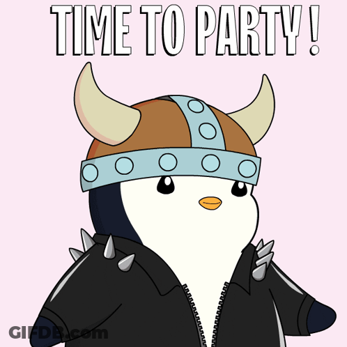 A Cartoon Of A Penguin Wearing A Viking Helmet And A Spiked Jacket Says Time To Party GIF