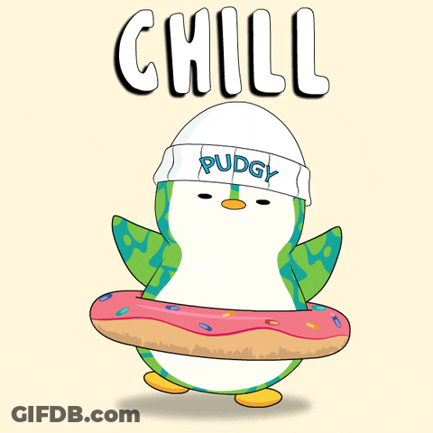A Cartoon Of A Penguin Wearing A White Hat And A Donut Ring With The Word Chill Written Above It GIF