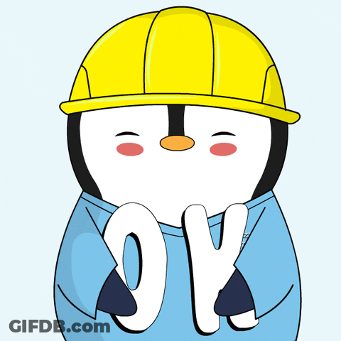 A Cartoon Of A Penguin Wearing A Yellow Hard Hat And A Blue Shirt That Says Ok GIF