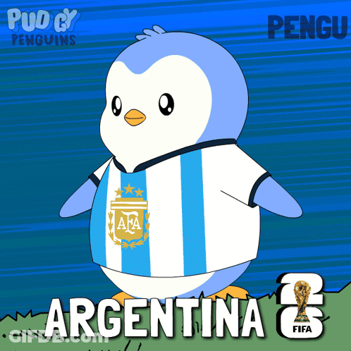 A Cartoon Of A Penguin Wearing An Argentina Shirt GIF