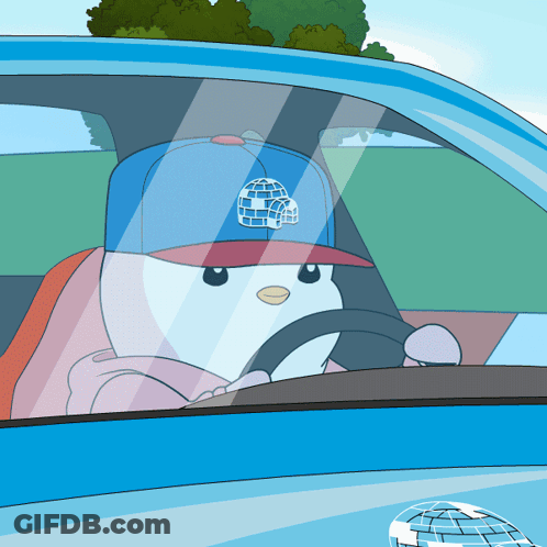 A Cartoon Of A Penguin Wearing An Igloo Hat Is Driving A Car GIF