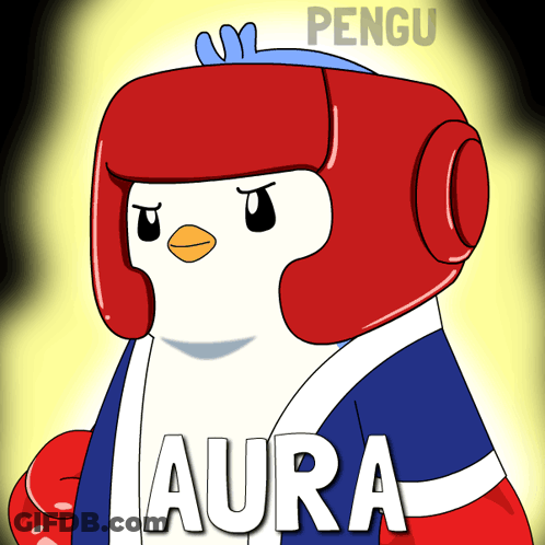 A Cartoon Of A Penguin Wearing Boxing Gloves And A Helmet With The Word Aura On It GIF
