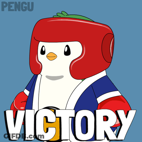 A Cartoon Of A Penguin Wearing Boxing Gloves And A Helmet With The Word Victory Underneath It GIF