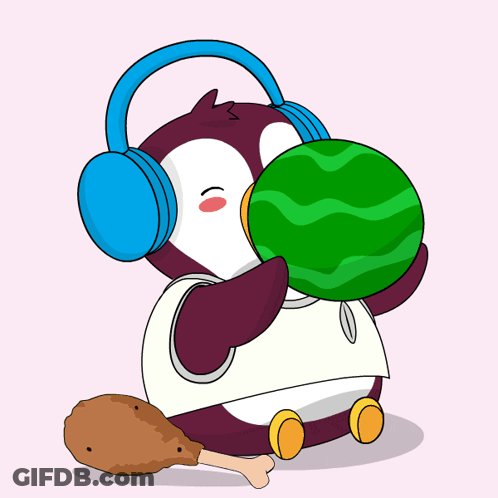 A Cartoon Of A Penguin Wearing Headphones And Eating A Watermelon GIF