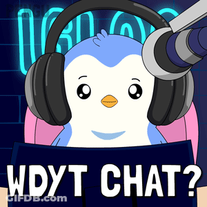 A Cartoon Of A Penguin Wearing Headphones And Holding A Sign That Says " Wdyt Chat " GIF