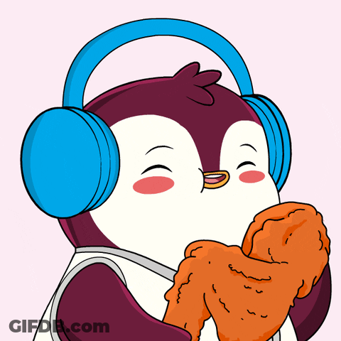 A Cartoon Of A Penguin Wearing Headphones Eating Chicken GIF