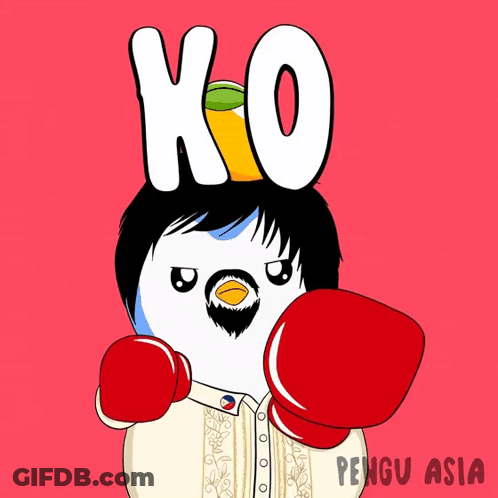 A Cartoon Of A Penguin Wearing Red Boxing Gloves And The Word Ko On Top GIF