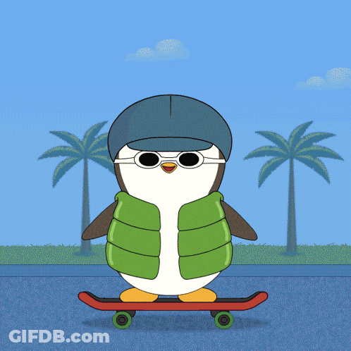 A Cartoon Of A Penguin Wearing Sunglasses And A Helmet Riding A Skateboard GIF