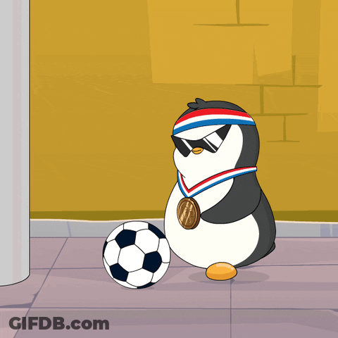 A Cartoon Of A Penguin Wearing Sunglasses And A Medal Playing With A Soccer Ball GIF