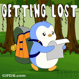 A Cartoon Of A Penguin With A Backpack Looking At A Map With The Words " Getting Lost " Above Him GIF