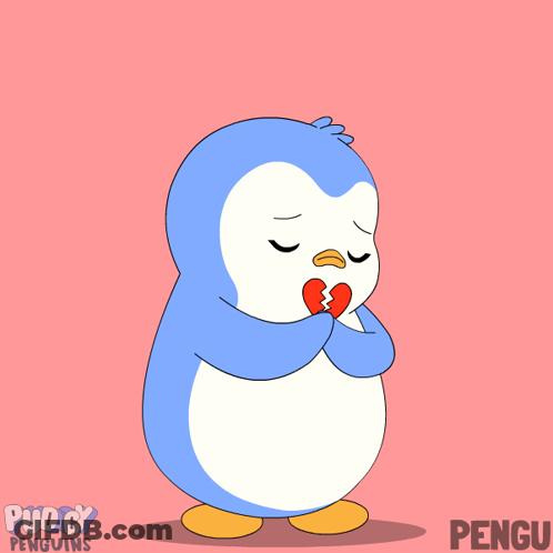 A Cartoon Of A Penguin With A Broken Heart And The Name Pengu On The Bottom GIF