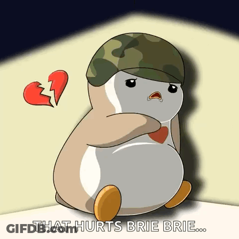 A Cartoon Of A Penguin With A Broken Heart And The Words " That Hurts Brie Brie " GIF