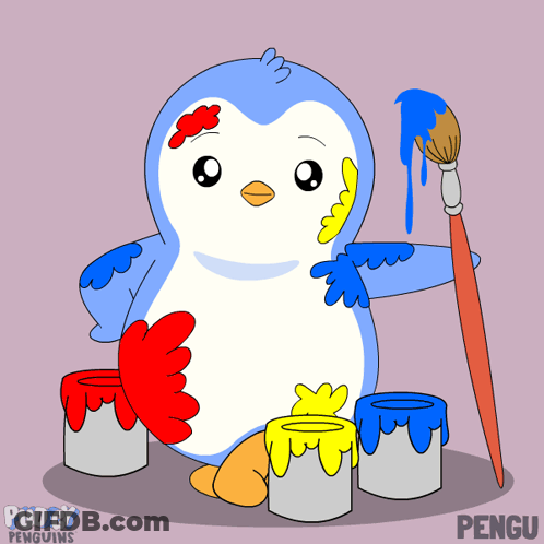 A Cartoon Of A Penguin With A Brush And Paint Cans That Says Puddy Penguins On The Bottom GIF
