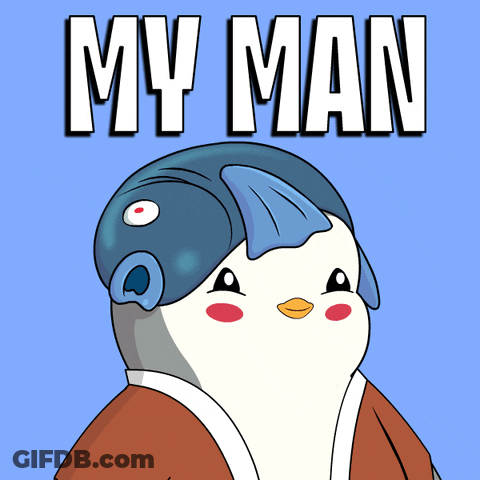 A Cartoon Of A Penguin With A Fish Hat And The Words My Man Above It GIF