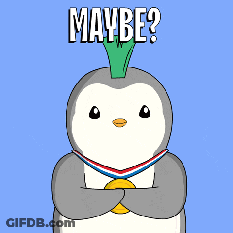 A Cartoon Of A Penguin With A Gold Medal Around His Neck And The Words " Maybe " Above Him GIF