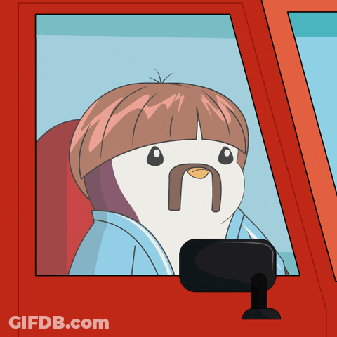 A Cartoon Of A Penguin With A Moustache Looking Out Of A Car Window GIF
