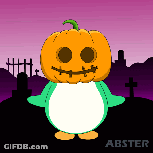A Cartoon Of A Penguin With A Pumpkin On Its Head And The Word Abster On The Bottom GIF