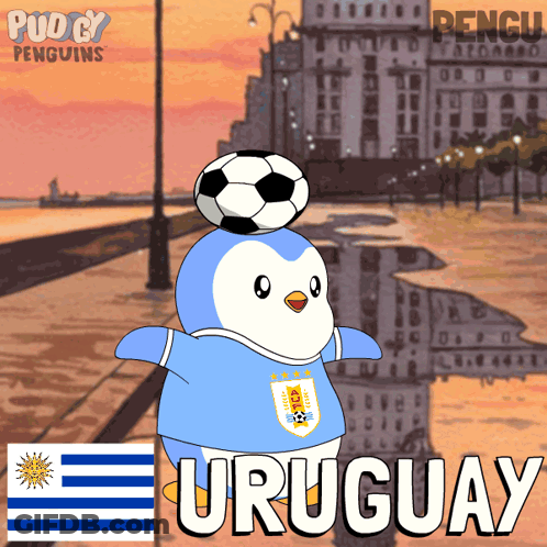 A Cartoon Of A Penguin With A Soccer Ball On Its Head And The Word Uruguay Below It GIF