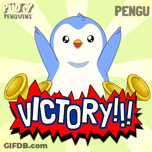 A Cartoon Of A Penguin With A Victory Sign Behind It GIF