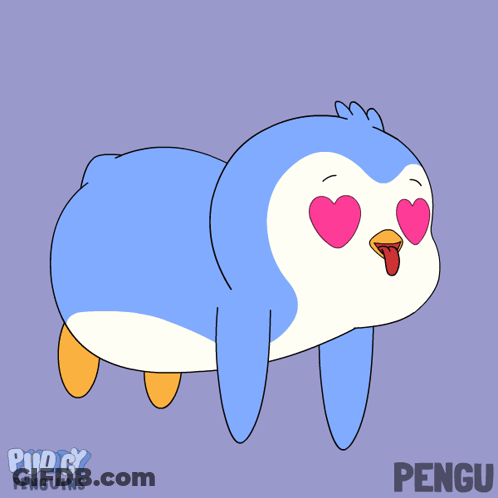 A Cartoon Of A Penguin With Pink Heart Shaped Eyes And The Name Pengu GIF