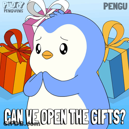 A Cartoon Of A Penguin With The Words " Can We Open The Gifts " On The Bottom GIF