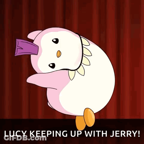 A Cartoon Of A Penguin With The Words Lucy Keeping Up With Jerry At The Bottom GIF
