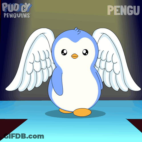 A Cartoon Of A Penguin With White Wings And The Name Pengu On The Bottom GIF