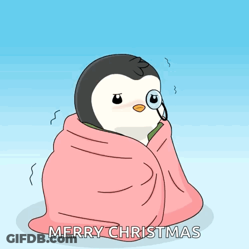 A Cartoon Of A Penguin Wrapped In A Pink Blanket With Merry Christmas Written On The Bottom GIF
