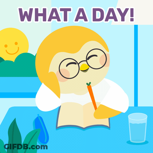 A Cartoon Of A Penguin Writing In A Notebook With The Words What A Day Behind It GIF