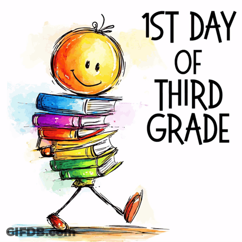 A Cartoon Of A Person Carrying A Stack Of Books With The Words 1St Day Of Third Grade GIF