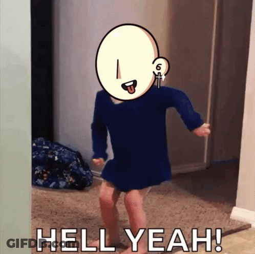 A Cartoon Of A Person Dancing With The Words Hell Yeah Behind Them GIF