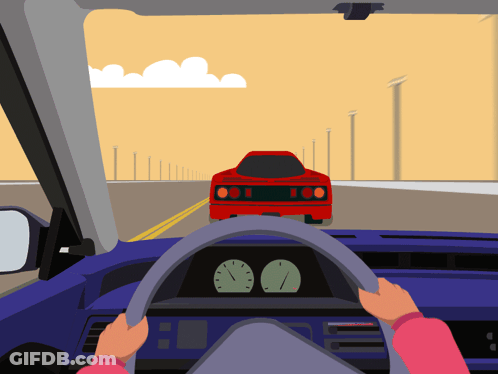 A Cartoon Of A Person Driving A Car With A Red Car In The Background GIF