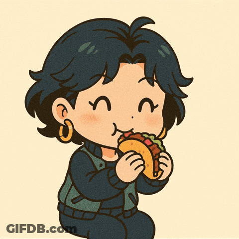 A Cartoon Of A Person Eating A Taco With A Smile On Their Face GIF