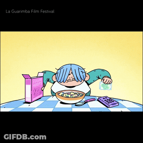 A Cartoon Of A Person Eating Cereal With A Box Of Sugar Hooks Behind Them GIF