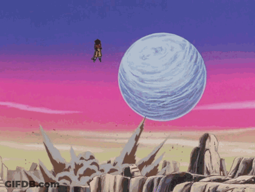 A Cartoon Of A Person Flying Through The Air With A Large Ball In The Background GIF
