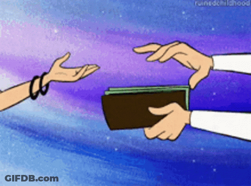 A Cartoon Of A Person Giving Another Person A Wallet Full Of Money GIF