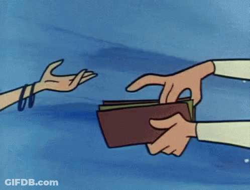 A Cartoon Of A Person Giving Money To Another Person . GIF