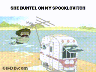 A Cartoon Of A Person Hanging From A Tree With The Words She Buntel On My Spocklovitch GIF