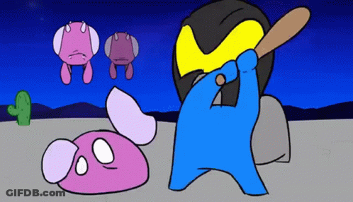 A Cartoon Of A Person Holding A Bat Standing Next To A Pink Rabbit And A Cactus GIF