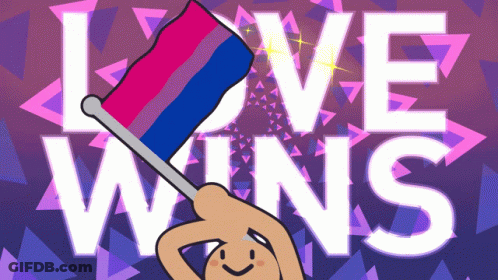 A Cartoon Of A Person Holding A Bisexual Flag With The Words Love Wins Behind Them GIF